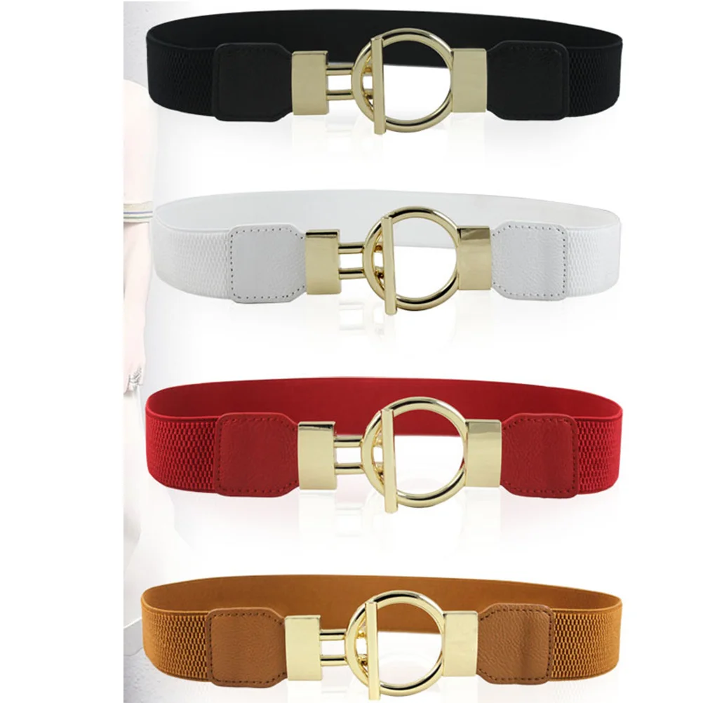 1 قطعة حزام خصر عريض مزخرف للنساء PU حزام حزام مطاطي قابل للتمدد حزام ذهبي بإبزيم دائري حزام خصر صلب #3