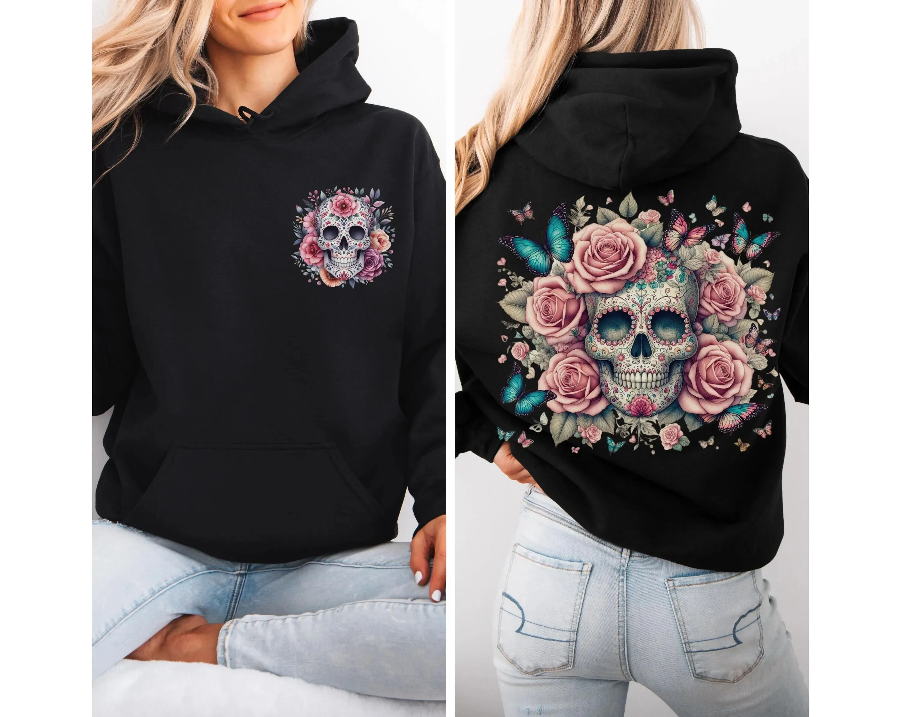 

Autumn and Winter Style Double - Sided Floral Skull Design Cotton Hoodie with A Detailed Floral Skull Dainty Floral Skull
