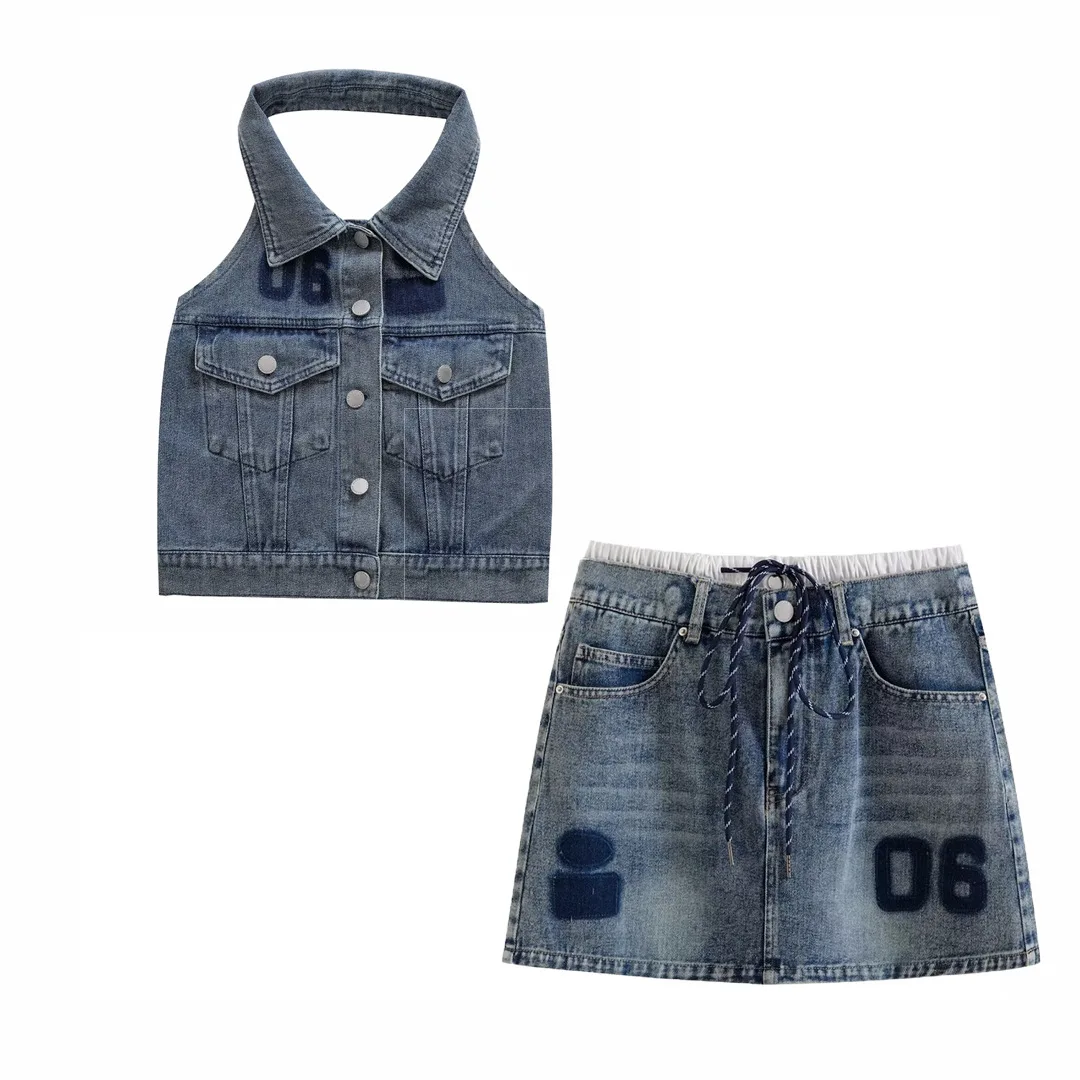 

Denim Vest Top + Letter Print Skirt 2pcs Sets Summer Vintage Denim Women Halter Tops Solid Sleeveless Short VestTurtleneck Tops