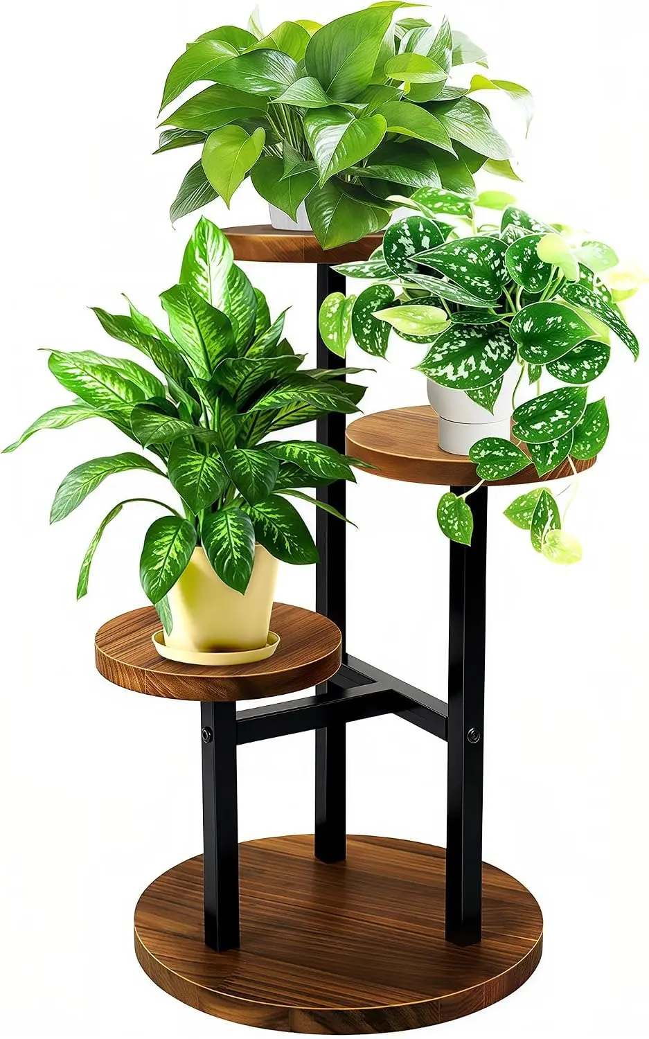 3段植物スタンド屋内用、金属製木製コーナーシェルフ、リビングルーム、寝室用、ブラウン 1