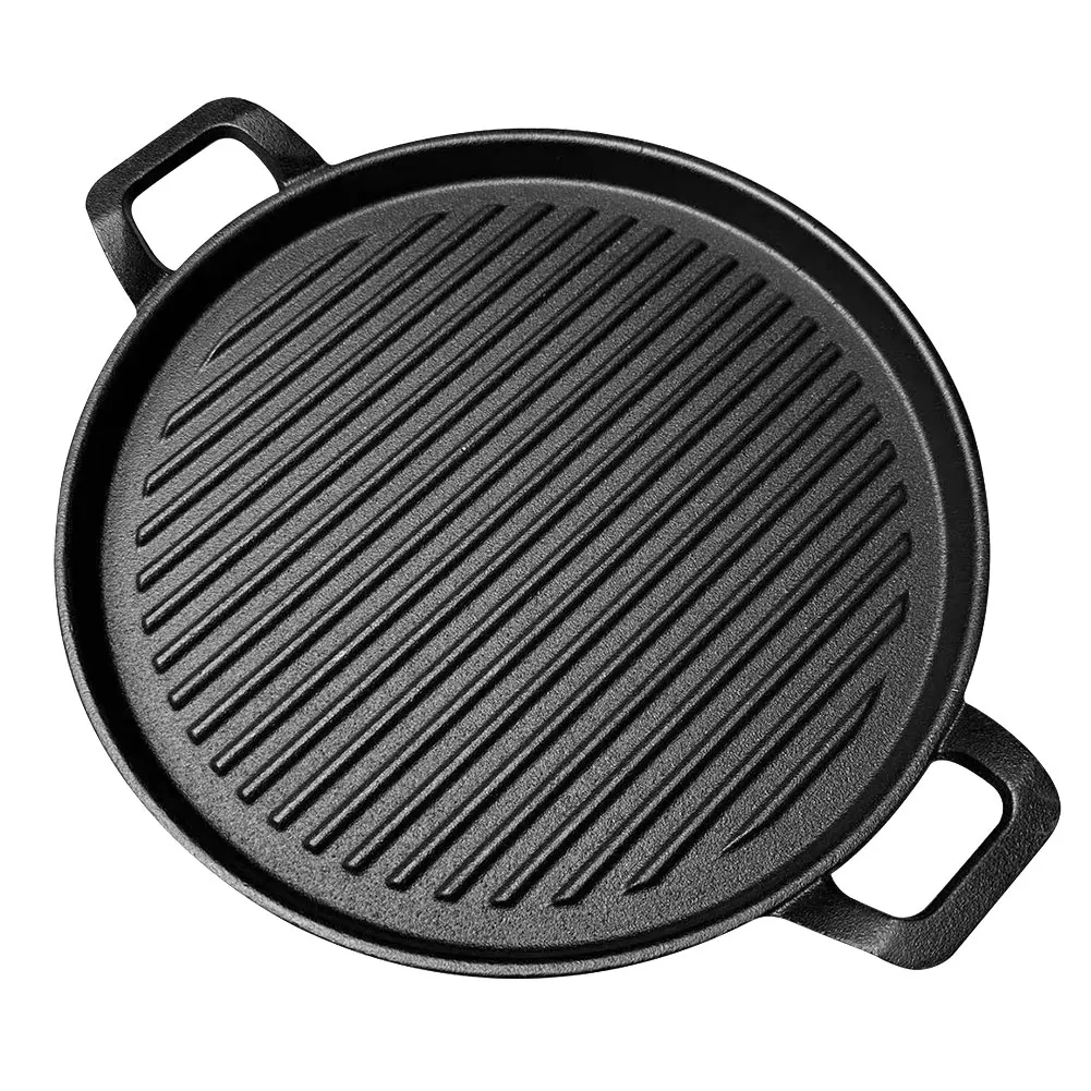 Cast Iron Grill Plate Flat & Ridged Skillet Pan with Handles Frying Pan 12 Inch Griddle Plate for Gas Stove Induction Cooker