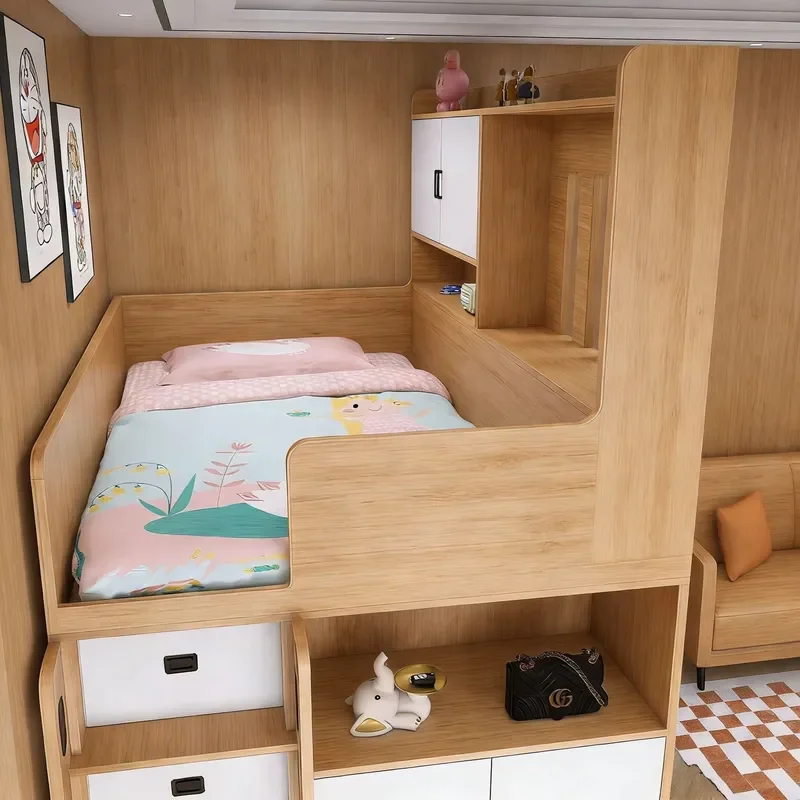 for High Box Bed with Under Bed Wardrobe Multifunctional Shoe Cabinet Ladder Storage Integrated Bed for Small Apartment