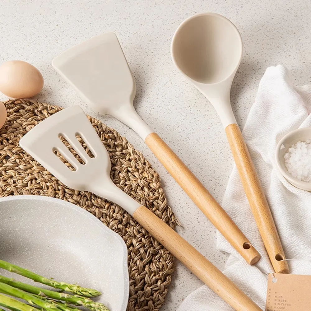 Utensílios de silicone antiaderente com alça de madeira, utensílios de cozinha, espátula, pá, colher, gadget, acessórios de cozinha