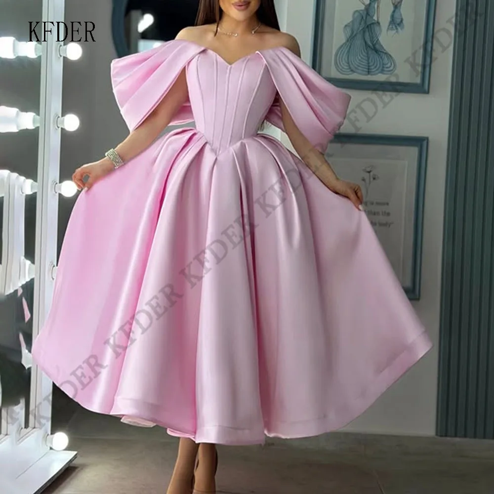 Customized Pink Off Shoulder A-Line Prom Dress Short Ankle- length vestidos de noche Satin Formal Evening Dresses Gowns