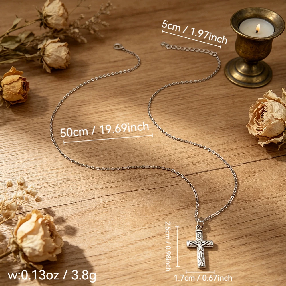 Carved Jesus Cross Necklace, Vintage Distressed Silver Pendant, Versatile Everyday Accessory for Both Men and Women