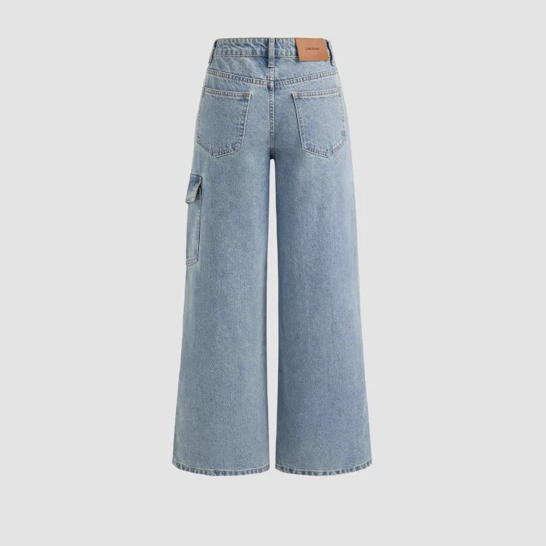 Women Solid Color Distressed Wide Leg Jeans Tie Detail Cargo Pocket High Waist Denim Pants Trendy Casual Outfit Dating & Hangout