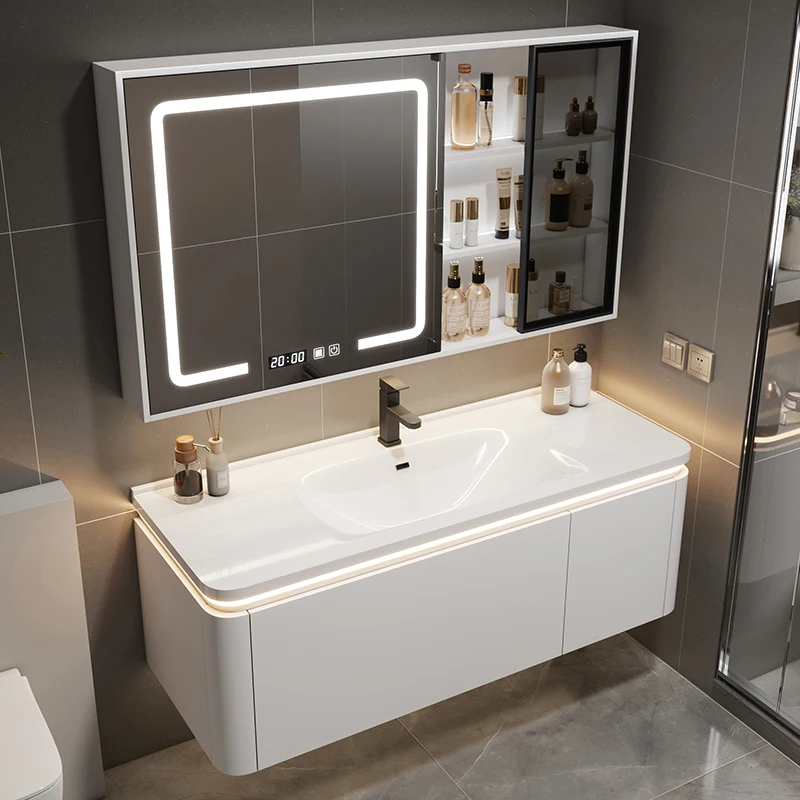 

White Japanese Internet celebrity smart mirror bathroom cabinet combination ceramic integrated basin intelligent light luxury mo