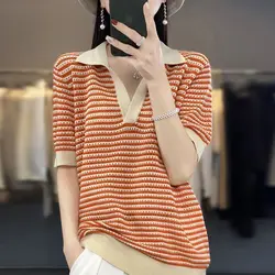 Summer Fashion Polo-neck Striped Knit T-shirt Women Clothing Casual Loose Breathable Patchwork Tops Chic All-match Pullovers