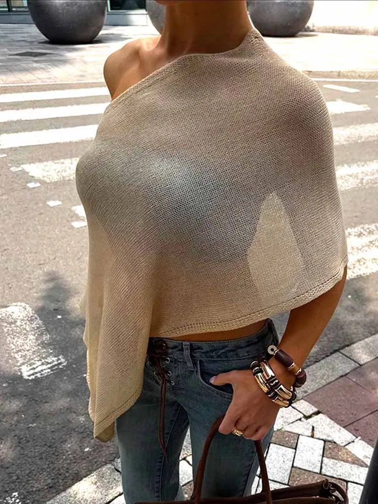 MCDV-Tops cortos de punto irregulares para mujer, Tops sexys con hombros descubiertos, camisetas transparentes estéticas Y2k para vacaciones de verano y playa