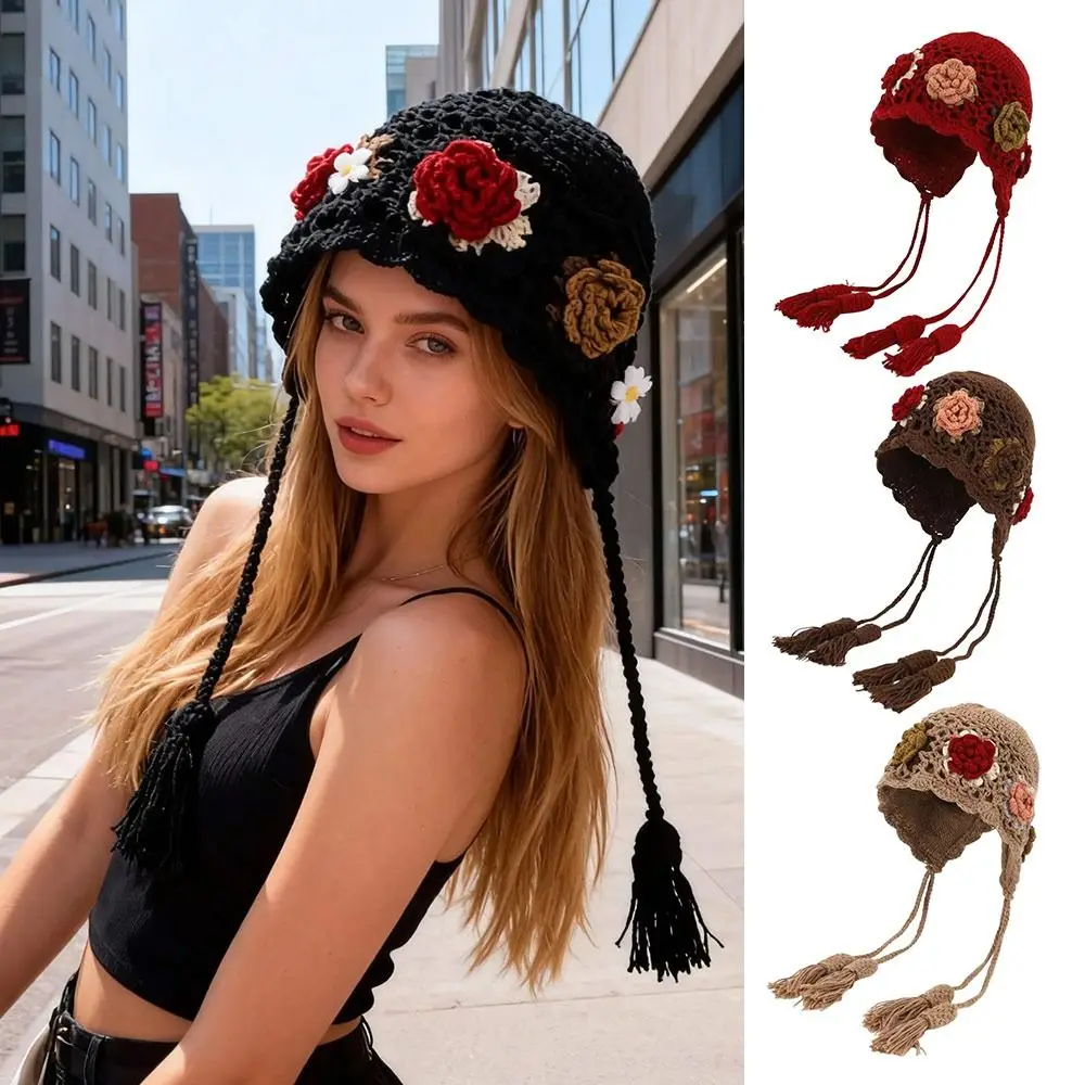 

Cute Tassels Crochet Knitted Hat Hollow Out Handmade Craft Ear Protection Hat Bohemian Style Windproof Korean Weave Cap Women