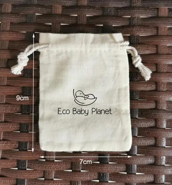 200 PCS Customised Logo 7x9cm Natural Cotton Bags Drawstring Pouches Printed With Black Logo