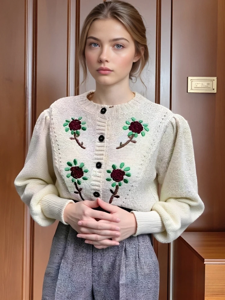 Otoño nuevo dulce cárdigan con bordado Floral suéter Casual de manga larga de un solo pecho suéter abrigo lindo patrón de flores Knitwae