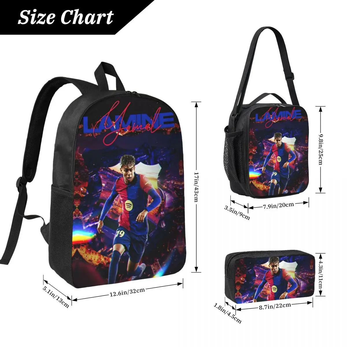 3pecs/set Number 19 Lamine Y-Yamal Backpack for Student College Shoulder Bag Lunch bag Pencil Case view 3
