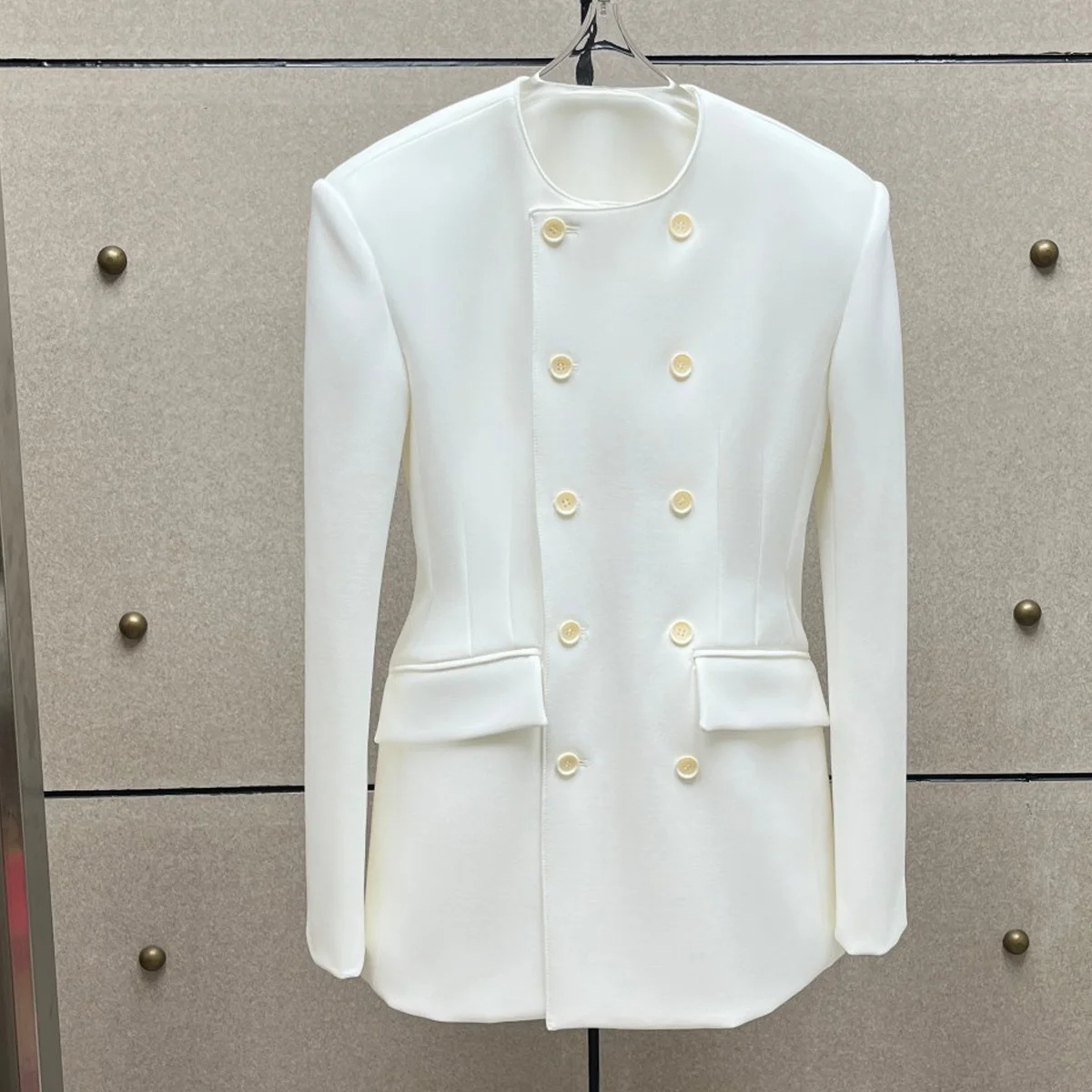 High Quality Women Round Neck Double Breasted Blazer, Slim Fit Waist Long Sleeve Elegant Office Coat
