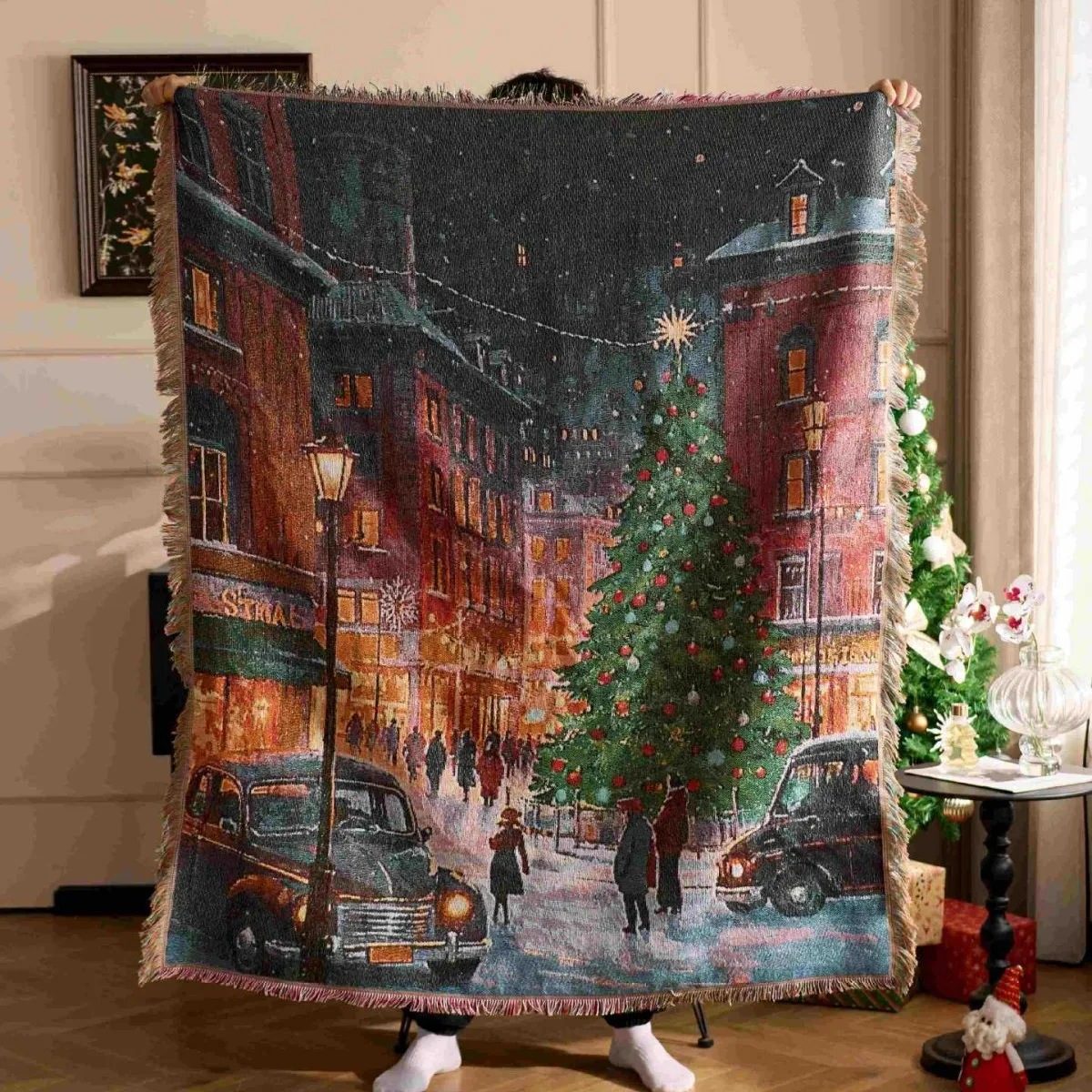 

Textile City Christmas City Scene Blanket with Christmas Tree Vintage Cars Festive Holiday Decor & Cozy Throw for Warm Snuggles