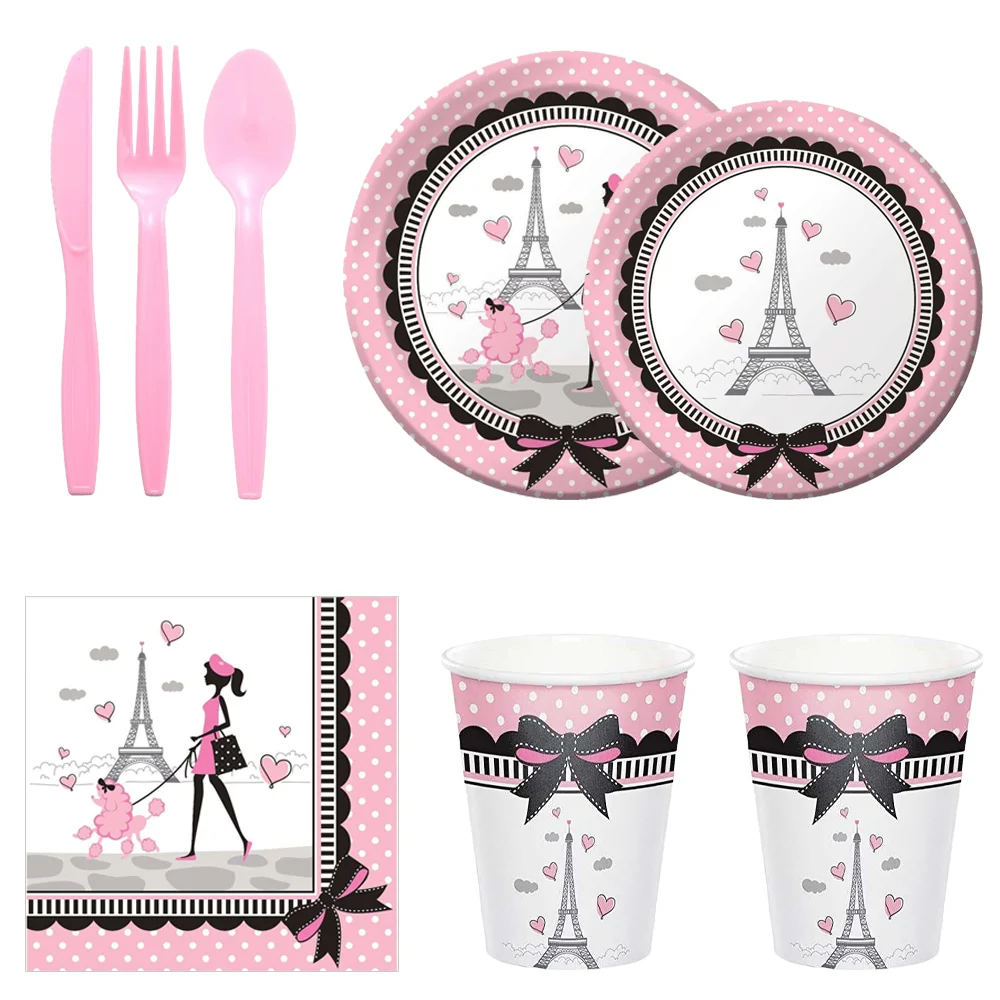 Eiffel Tower Theme Birthday Decorations Party Disposable Tableware Paper Napkins Cups Plates Tablecloths Straw