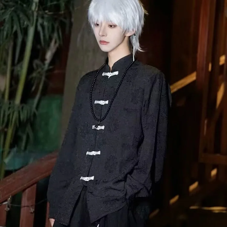 

Мужская повседневная рубашка свободного кроя с воротником-стойкой, осенне-зимняя, больших размеров, 3 кг, в стиле ретро, художественный тан-костюм, топ