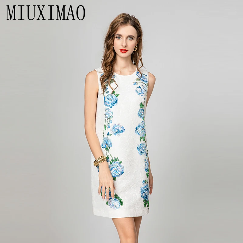

MIUXIMAO 2025 Fashion Luxury Summer Dresses Diamonds Dress Blue Flower A-LINE Mini Short White Tank Dress Women Vestidos
