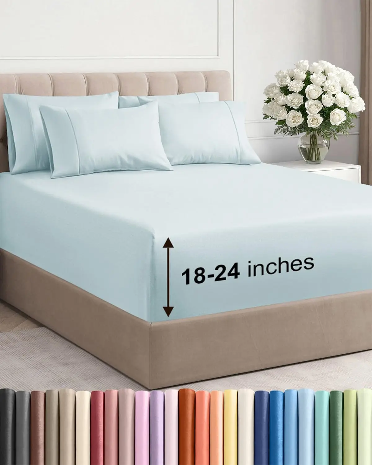 

Extra Deep Queen Sheet Set - 6 Piece Breathable Cooling Bedding - Hotel Luxury - Soft Wrinkle Free - Ice Blue