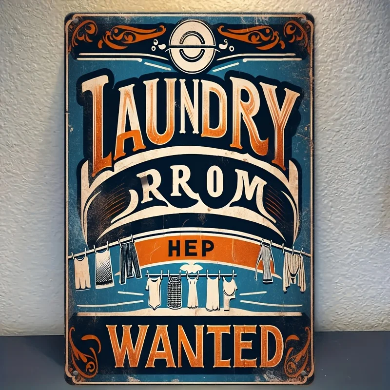 Room Decor Vintage-Style Laundry Help Wanted Sign - Durable Wrought Iron Wall Decor, Rust-Proof Metal Plate, Easy to Hang,