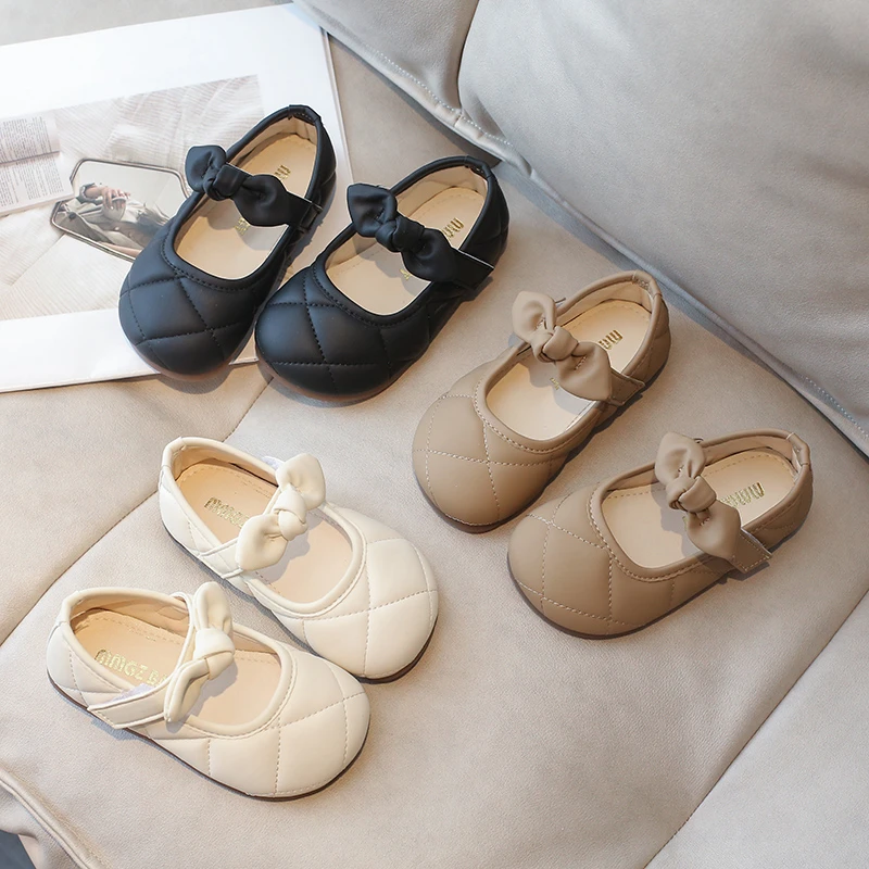 

Autumn Girl's Lovely Shoes Bowknot Hook-loop Shallow Daily Kid's Flat Shoe Solid Colors Anti-slip Fashion Soft Children Shoe