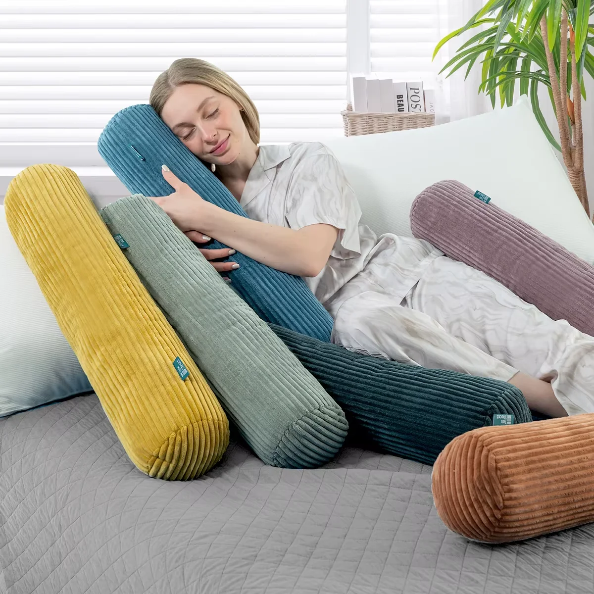 Striped Cylindrical Memory Foam Pillow, Long Body Bolster for Side Sleepers, Breathable Washable Cover, Bed Spine Support