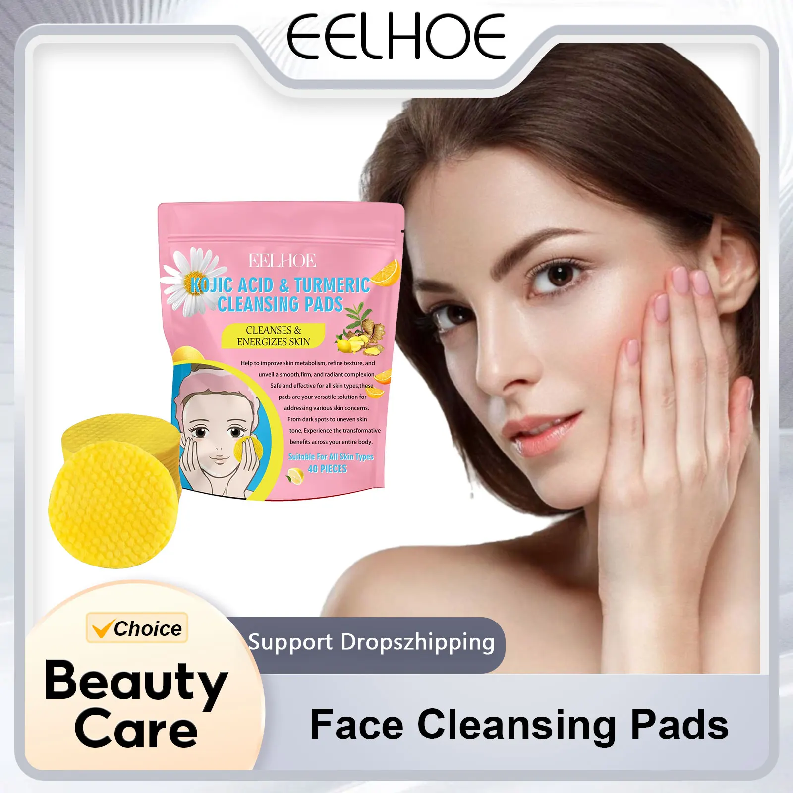 Cleansing Pads for Face Acid Kojic Skin Blackhead Remover Exfoliation Dead Skin Removal Turmeric Pads for Facial Cleansing 40PCS