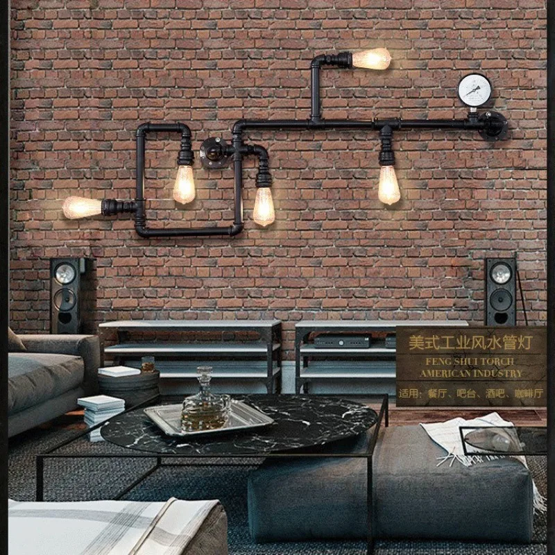 American Retro Loft Industrial Wrought Iron Water Pipe Wall Sconce Creative Decor Wall Lamp for Cafe Bar Home Lighting Fixture