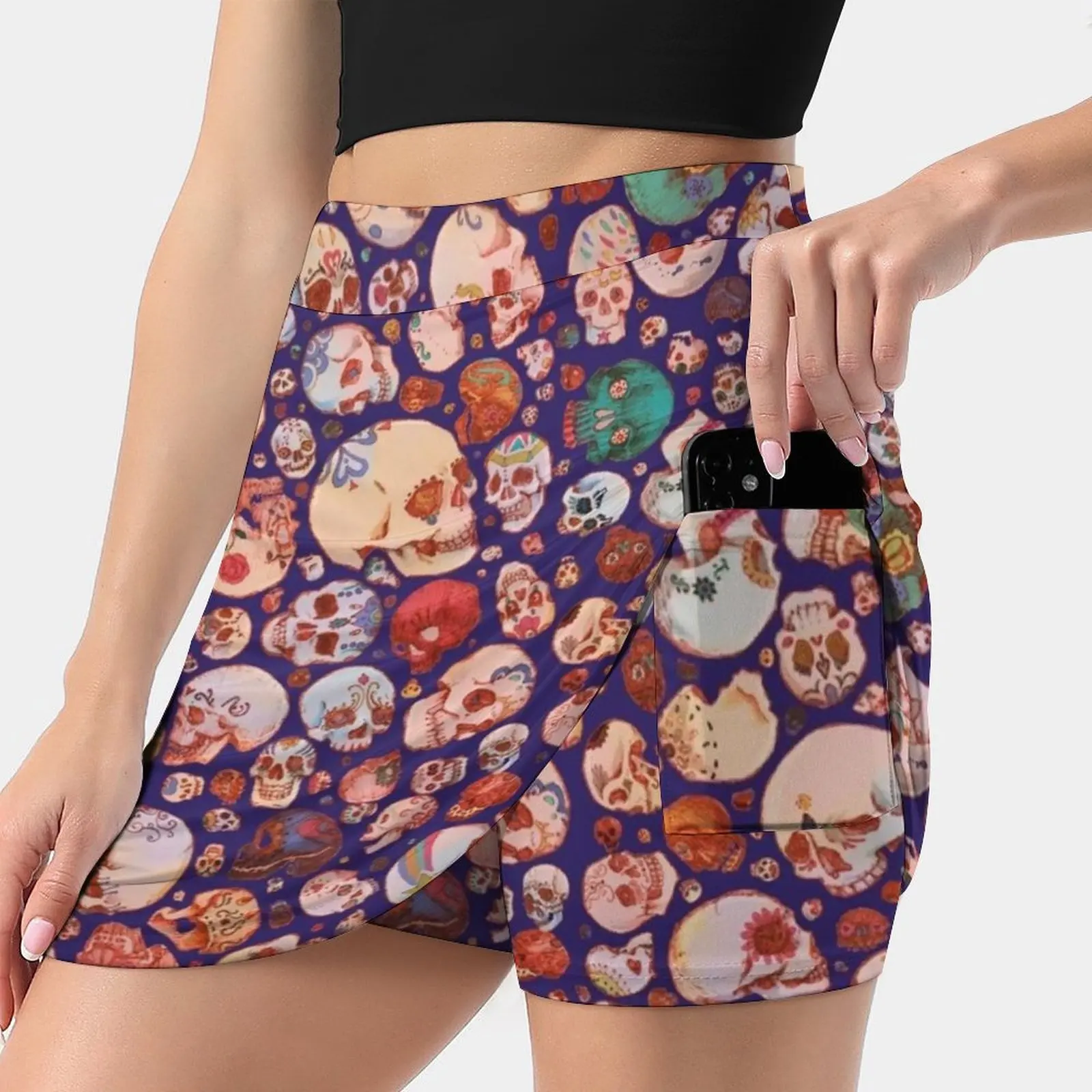 Skull Doodles-Blue Women's skirt Aesthetic skirts New Fashion Short Skirts Skull Festive Blue Sugar Skulls Anatomy Death Day Of