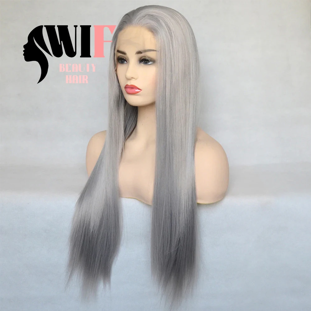 Wig sintetis abu-abu panjang renda lurus Wig depan sutra lurus bagian bebas Wig sintetis serat panas garis rambut alami penggunaan Cosplay rambut wanita