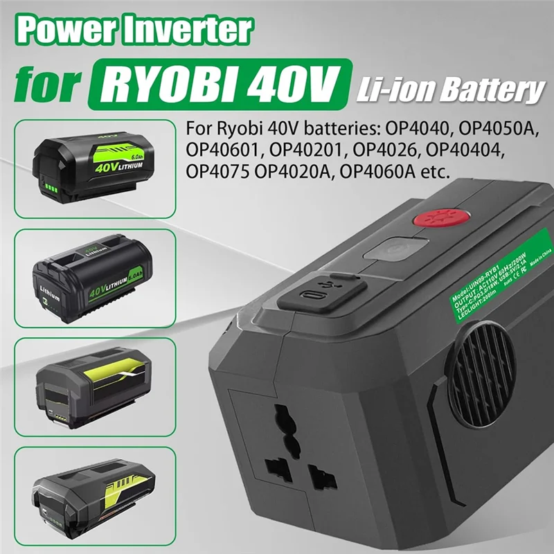 

J1UL1N Power Inverter For Ryobi 40V Battery 200W DC 18V To AC 110V With USB Port&Type-C PD3.0 Output Port& LED Lighting US Plug