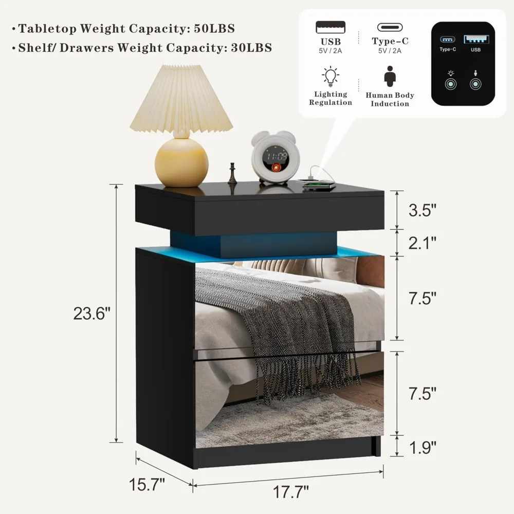 LED Nightstand Set of 2 - Bedside Table with Charging Station and 2 Mirrored Drawers Sliding Top with Magnetic Lock - Modern - view 2