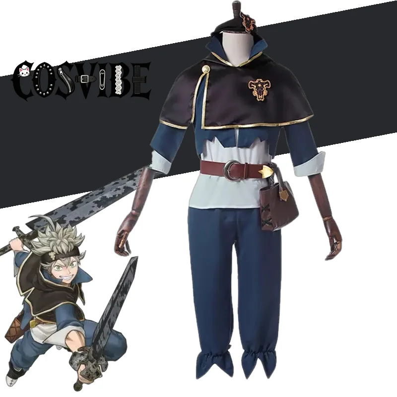 

Black Clover Asta Cosplay - Battle Uniform Black Cape Belt Bag Pants Gray Short Wig Halloween Christmas