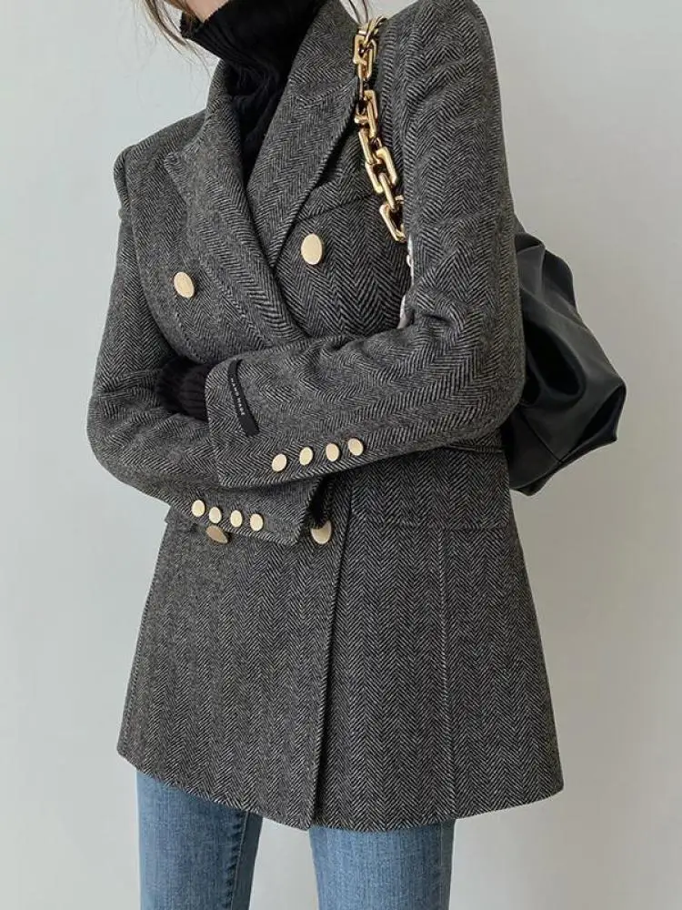 

Корейский модный женский серый полосатый элегантный пиджак с длинными рукавами, пальто 202, весенне-осенний двубортный пиджак, женские топы, одежда