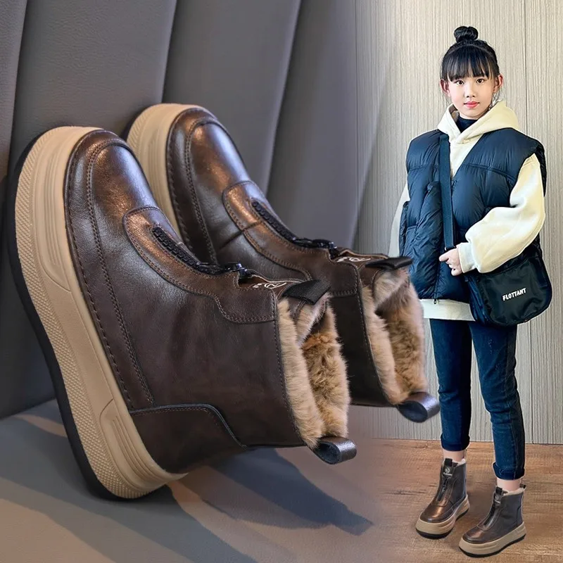 

Новинка 2023 года, зимние детские уличные замшевые зимние ботильоны на меху для девочек, уличные плюшевые короткие ботинки на массивной платформе с высоким берцем