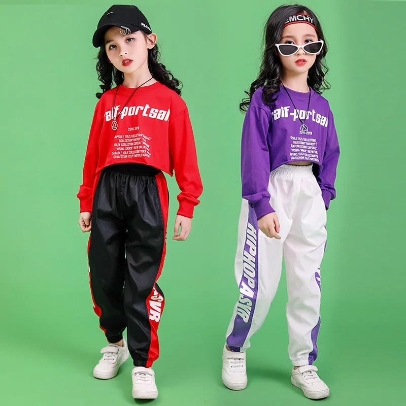 Jogger Pants for Girls Jazz Dance Costume Dancing Clothes Kid Kpop Hip Hop Clothing Crop Top Long Sleeve T Shirt Streetwear