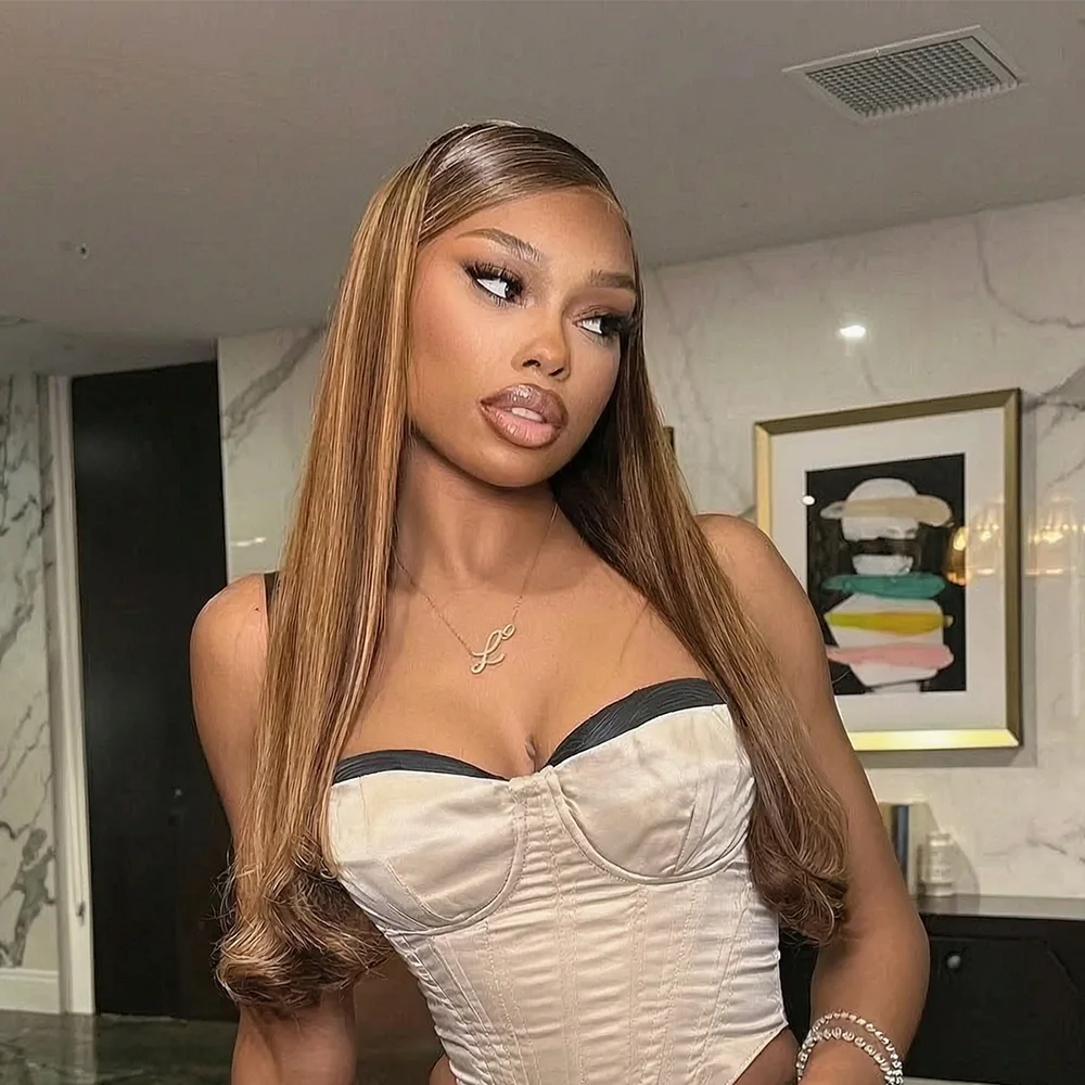 

Highlight Wig Human Hair Bone Straight 13x6 HD Transparent Lace Front Wigs P4/27 Colored 13x4 Lace Frontal Wigs Pre Plucked with Baby Hair 200 Density