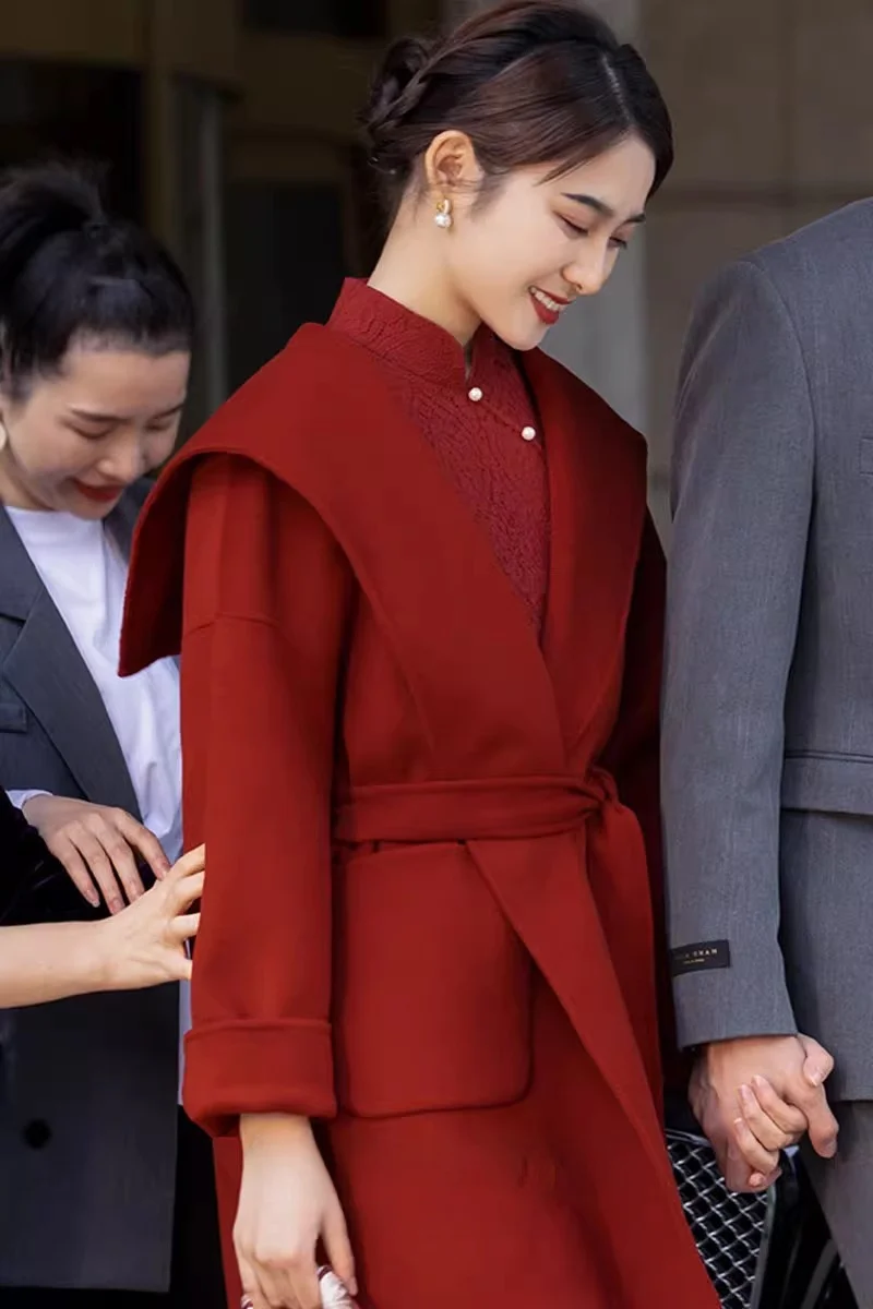 Ele manteau en laine Double face col bleu marine mariage Dr pour ort femmes automne hiver rouge vêtements d'extérieur dame coupe droite
