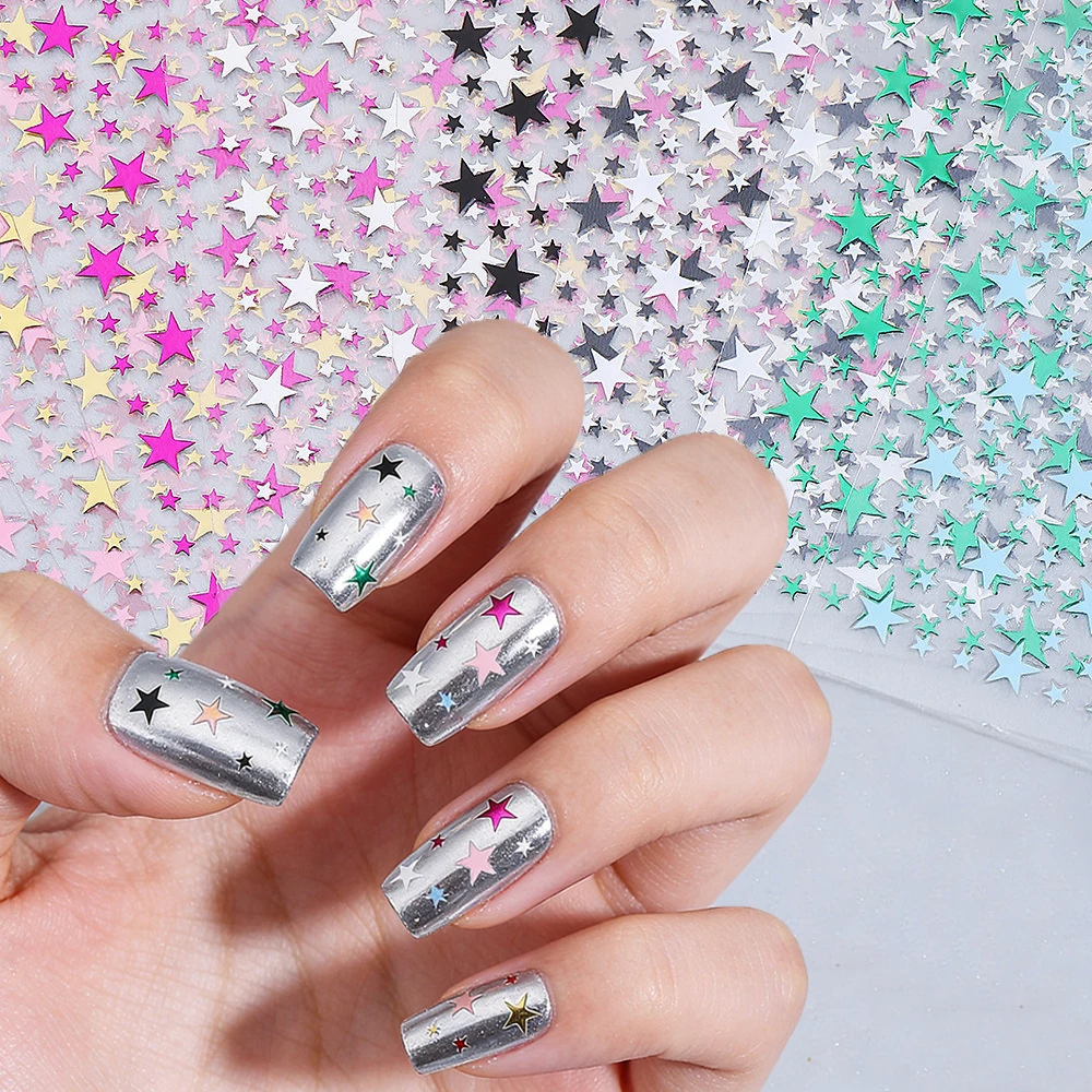 3D Metallic Five-Pointed Star Nail Stickers Red Green Black Shiny Self-Adhesive Multi-size Pentagram Nail Decals Y2K Sweet Decor