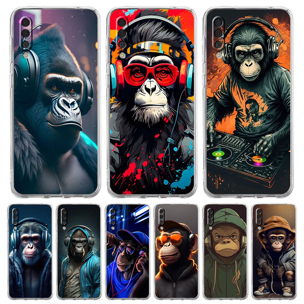 Funda de teléfono transparente para Samsung Galaxy A16,A14,A12,A22,A24,A42,A02,A06,A50,A70,A20,A30,A40 Soft TPU Monkey Sipping Caprisun