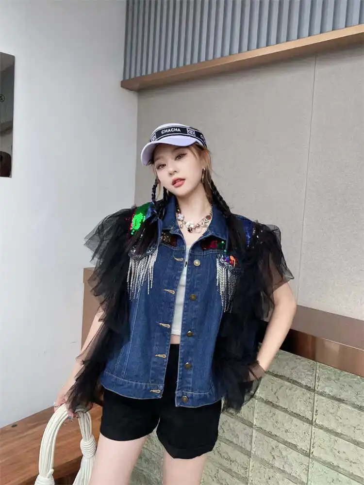 Fashion Brand Heavy Industry Colorful Crystals Tassel Denim Vest Female 2024 Summer New Loose Mesh Patchwork Vest Cardigan Women