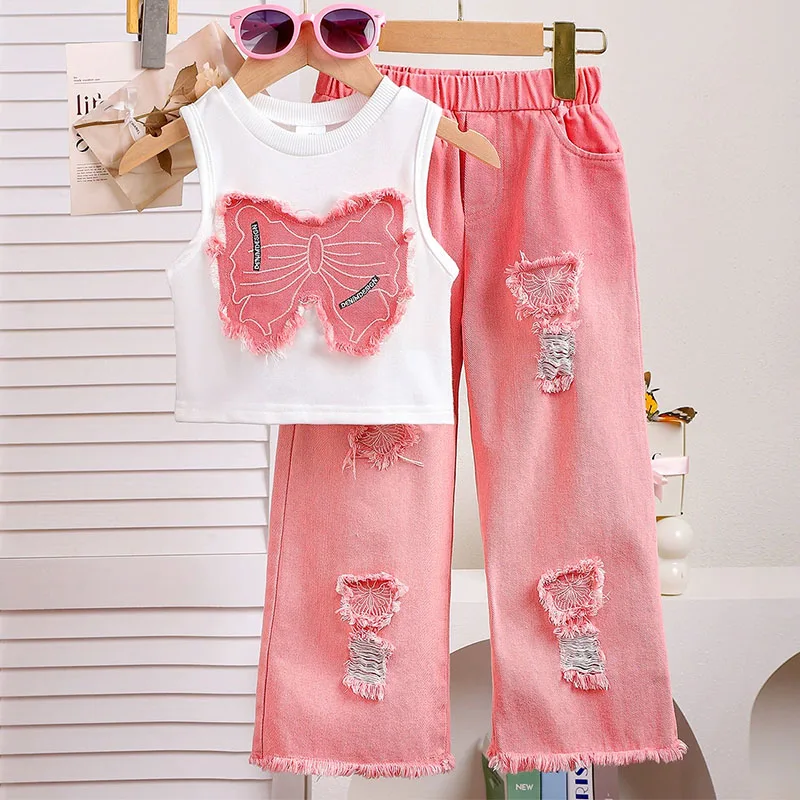 

Комплекты из 2 предметов, летний костюм, одежда для маленьких девочек, модные детские топы без рукавов с бабочками + штаны с дырочками, детская эксклюзивная одежда B276