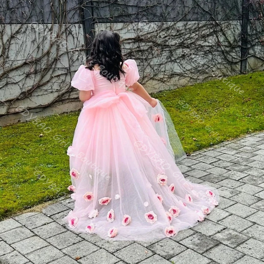 여아용 핑크 튤 공주 드레스, 트레인 있는 오프숄더 퍼프 소매 플라워 걸 드레스, 어린이 맞춤 웨딩 파티 가운