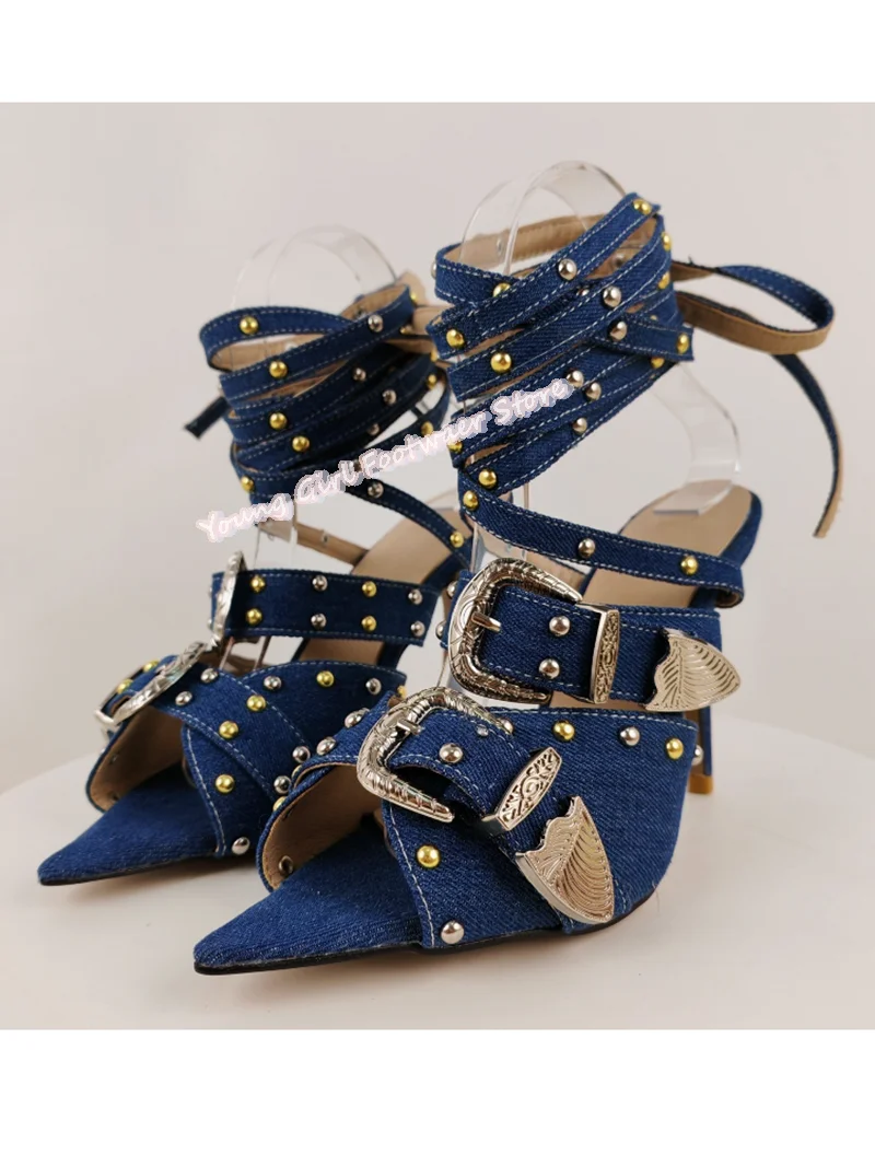 Denim Blue Metal Belt Buckle Decoration Pointed Leaky Toe Sandals Pearl Ruby Decoration Ankle Bandage Women's Luxury High Heels