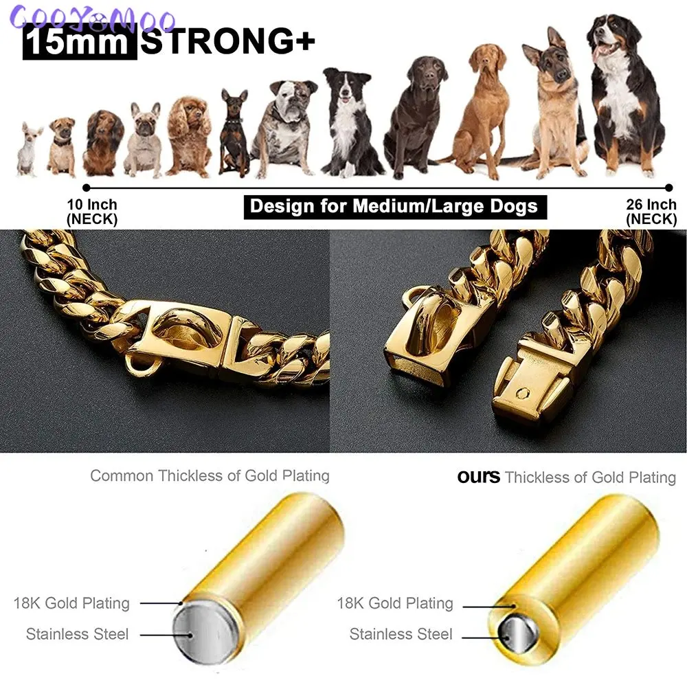 Strong 14MM Cuban Link Chain Stainless Steel Dog Necklace Gold Dog Collar with Safety Buckle Training Collar Dogs Walking Collar