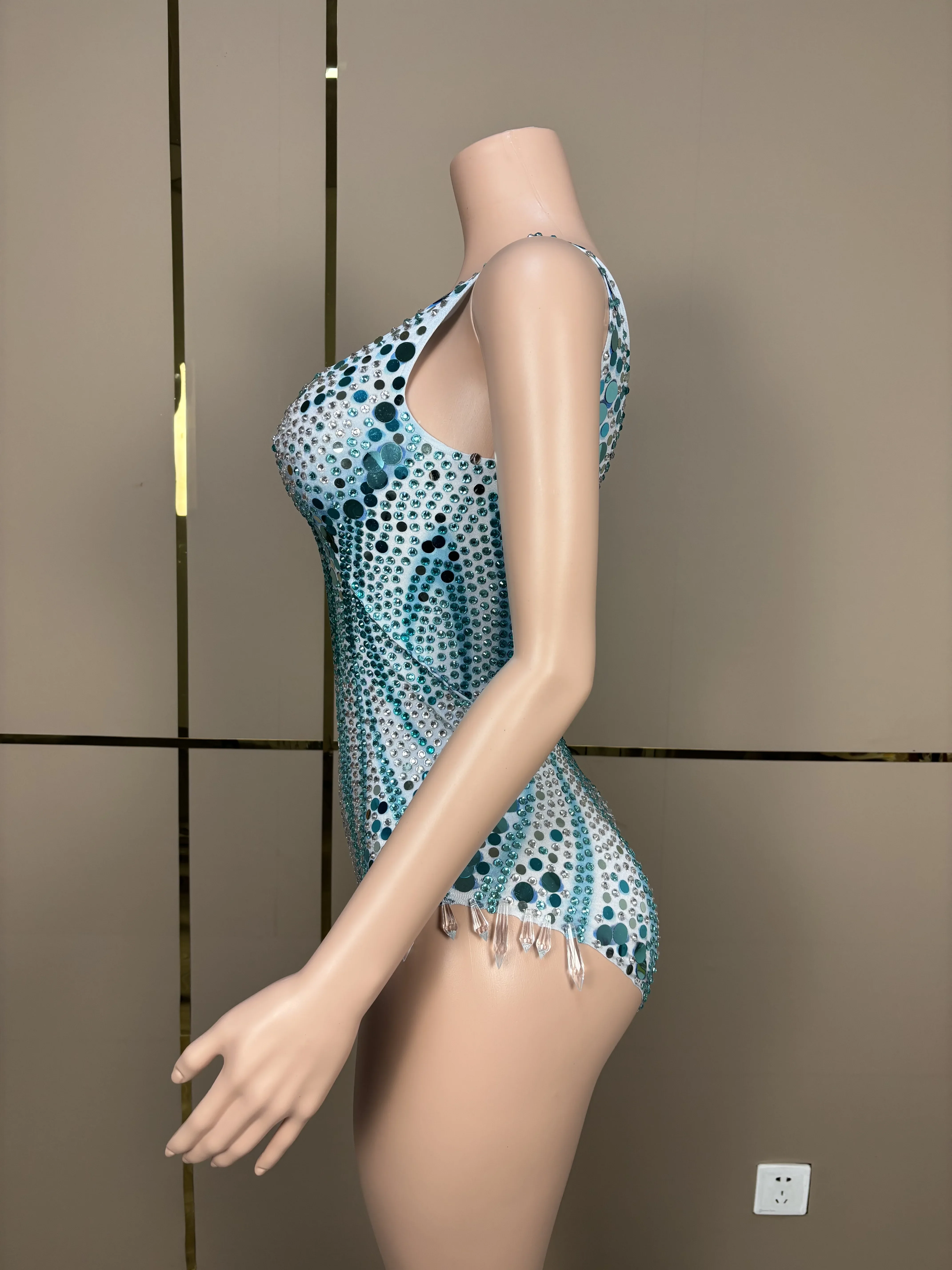 Blue strass paillettes progettato body sera compleanno celebrare tuta Costume Performance Dance Sexy Crystals Outfit