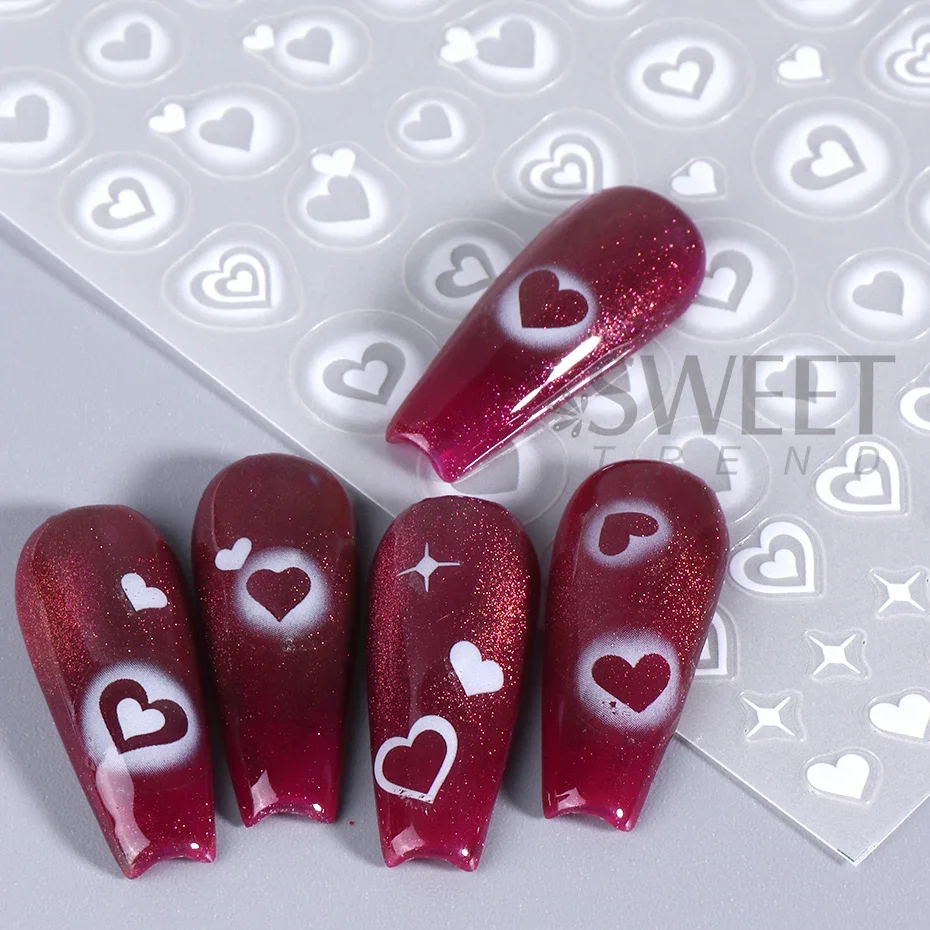 3D Heart Stars Nail Stickers Matte White Airbrush y2k Love Heart Valentines Gradient Bloomming Slider Gel Polish Nail Decoration