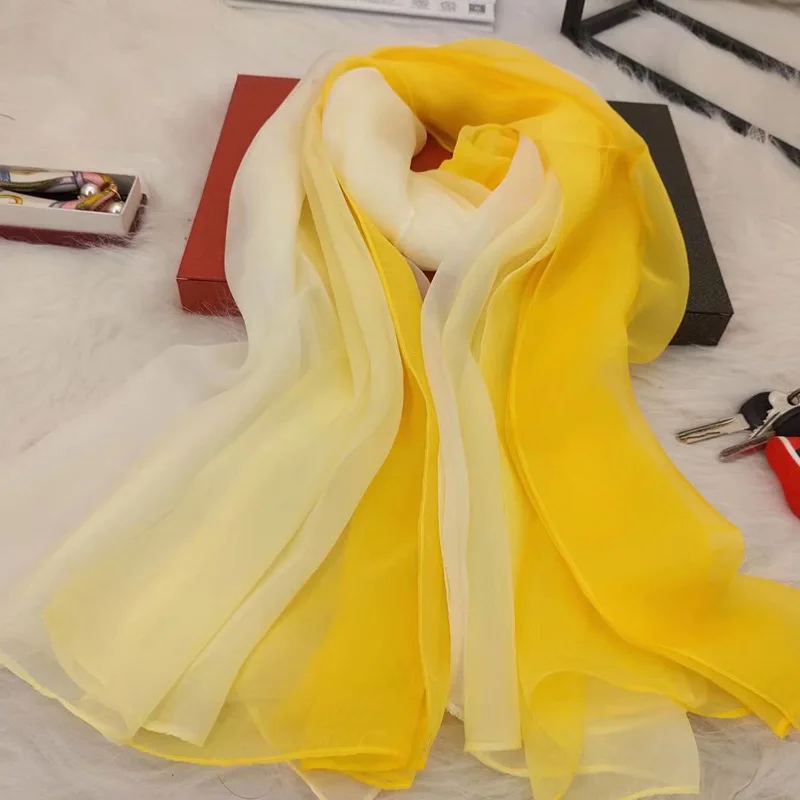 2023 Spring New Gradient Chiffon 100% Silk Scarf Mulberry Silk Chiffon Sun Protection