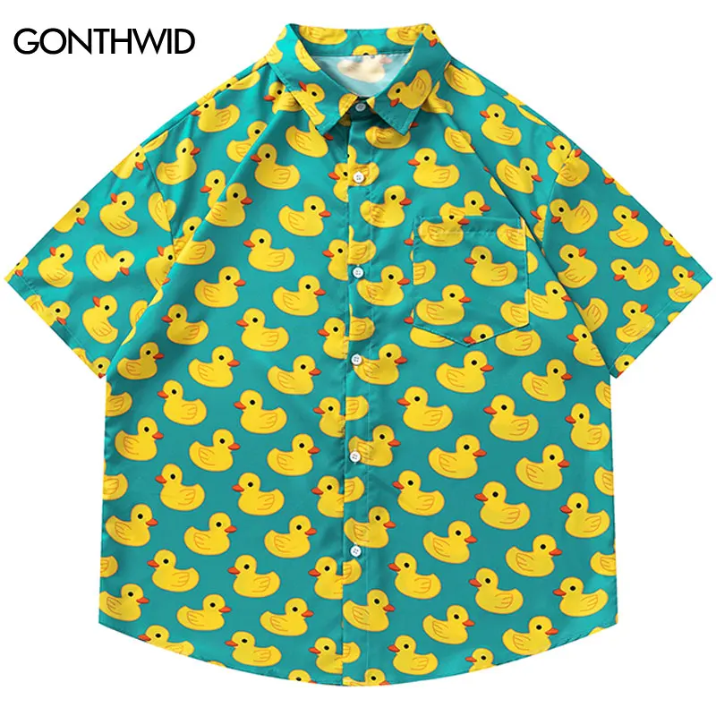 

Harajuku Oversize Shirts Yellow Duck Graphic Printed Button Up Blouse Men Hip Hop Casual Short Sleeve Summer Shirt Tops Green