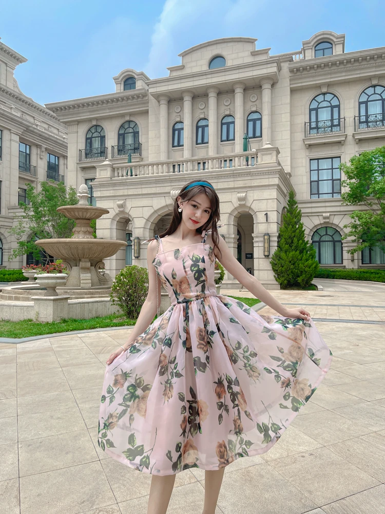 

Women Summer 2022 New Sleeveless Fairy Perspective Beach Vintage Soft Organza Suspender Long Floral Printed Elegant Dress